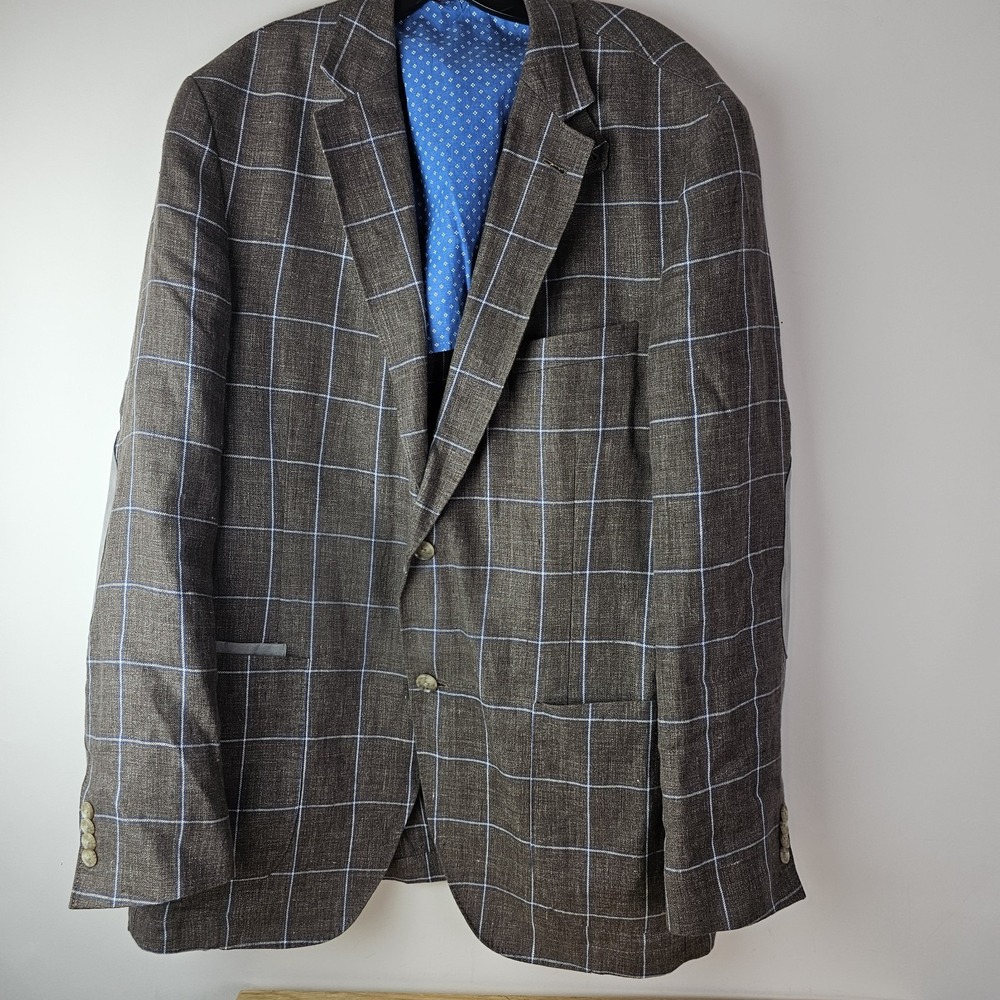 Kroon Blazer Jacket Linen‎ Edge Mens 42L Windowpane Elbow Patches Unstructured